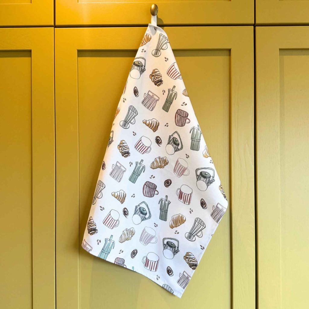 cafe tea towel yellow cupboard