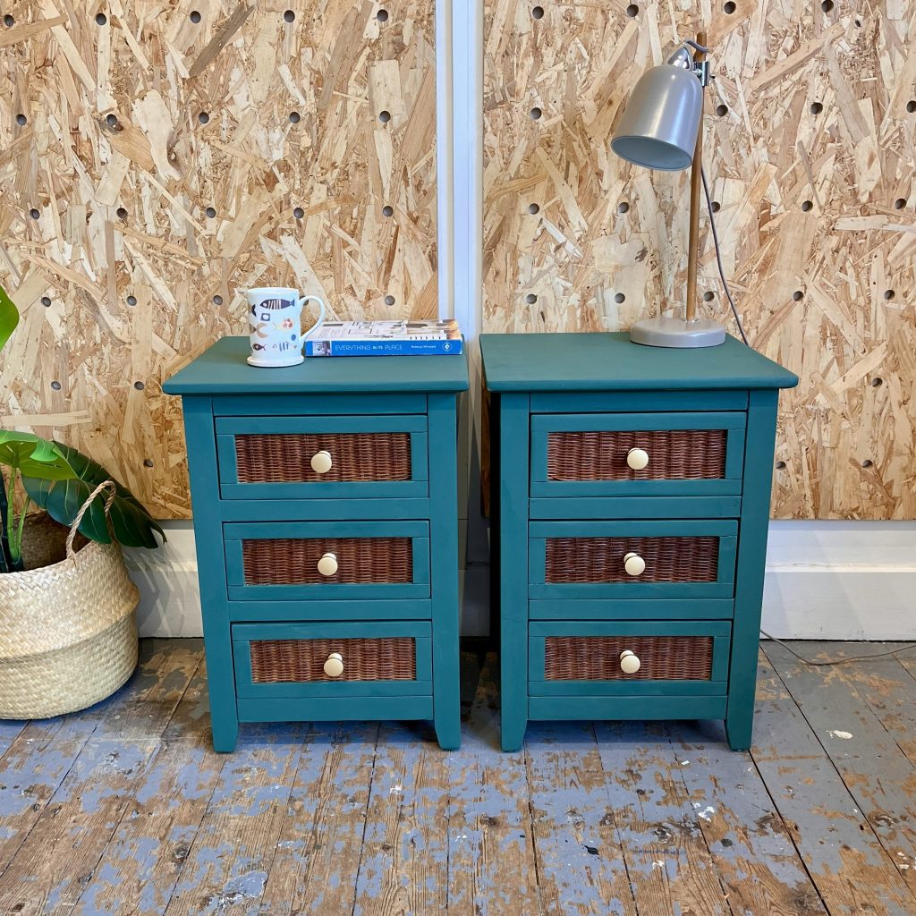 Pair of upcycled green bedside cabinets