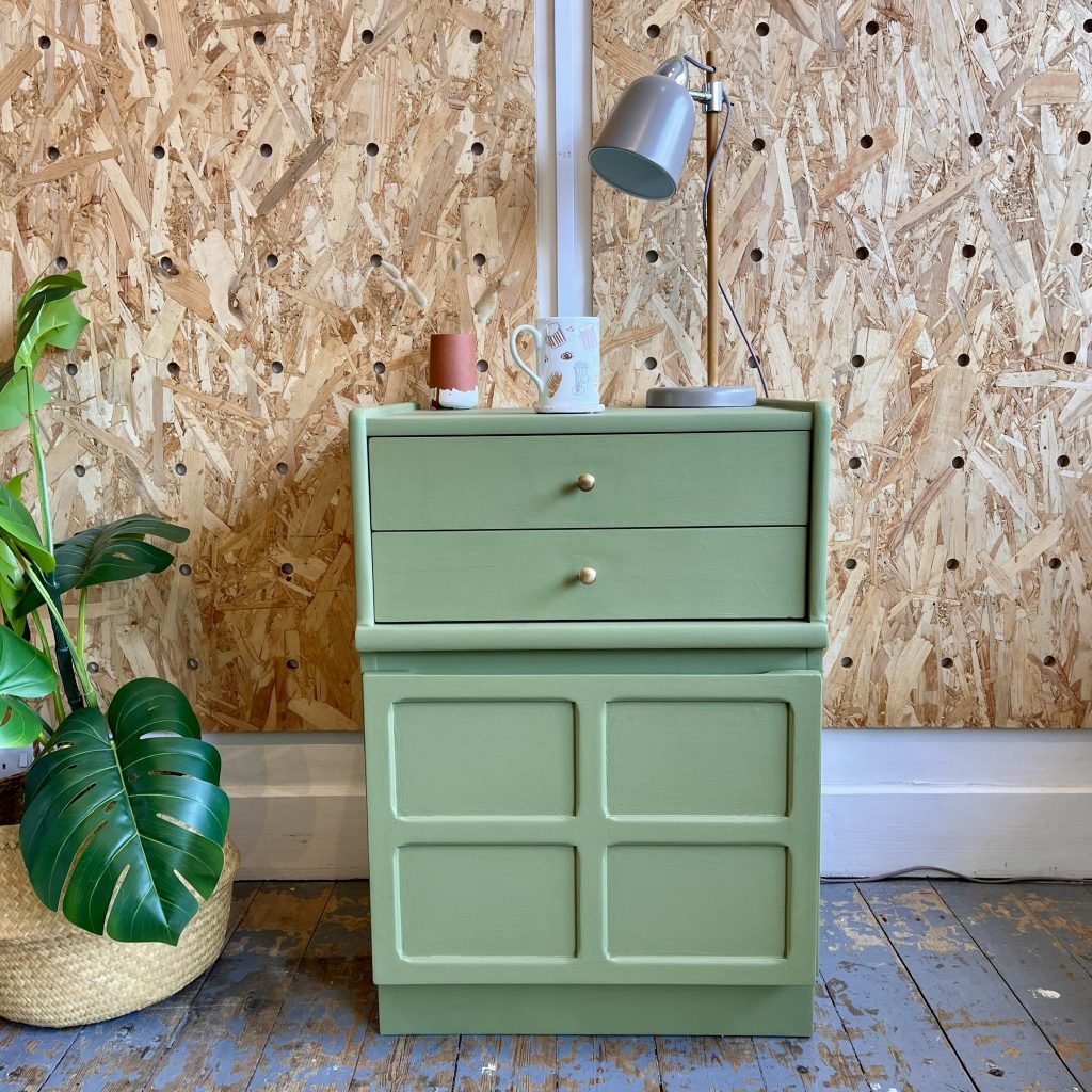 Midcentury two drawer cabinet in sage green